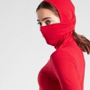 Athleta Women's Size M Flurry Balaclava Hooded Ribbed Red Top Long Sleeve Shirt